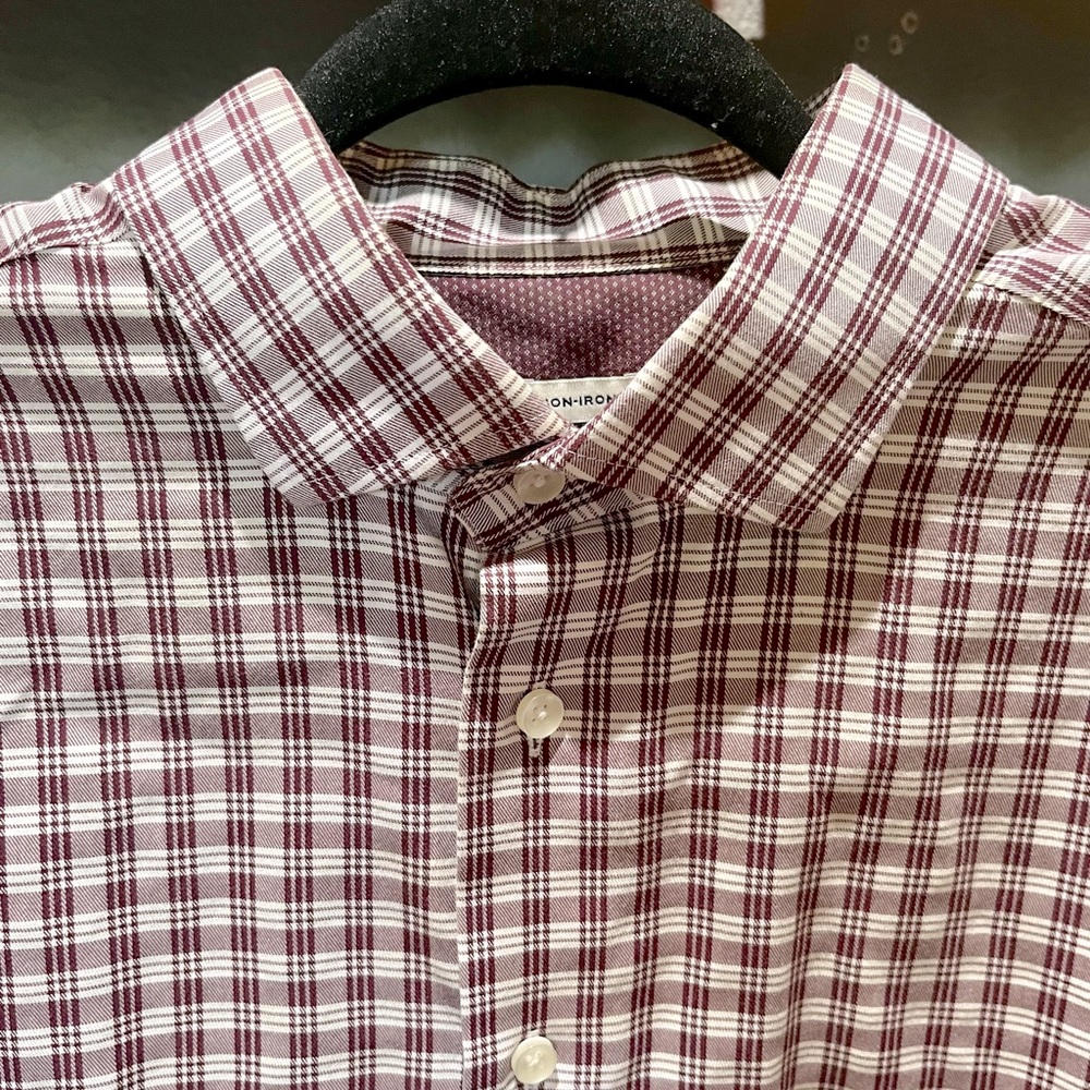 Burgundy and white plaid patterned button down-